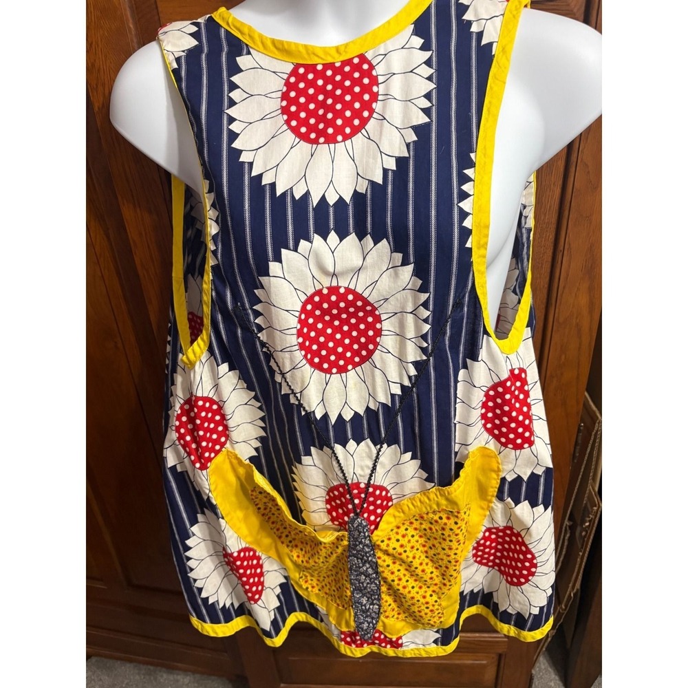 Retro Groovy Apron Sunflower Butterfly Pocket Pinafore Apron Navy Yellow Red Tie